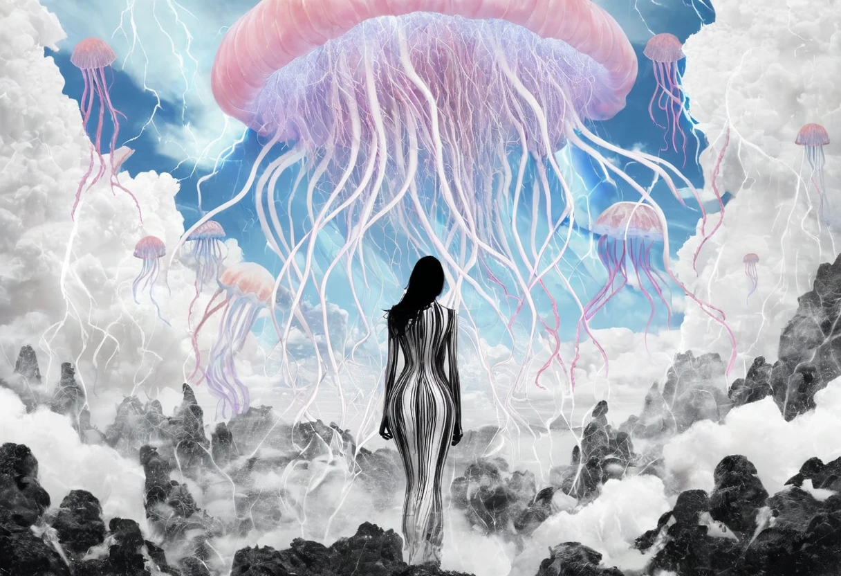 A photo manipulation of a woman standing in the clouds. Her head is missing and in its place are pink and blue jellyfish tentacles and lightning bolts. The background is a blue sky with white clouds. There are two jellyfish in the foreground. The woman is wearing a black and white outfit. The image is a surreal and abstract representation of the human mind and the power of nature.
extremely detailed,
 <lora:Manipulator:1>