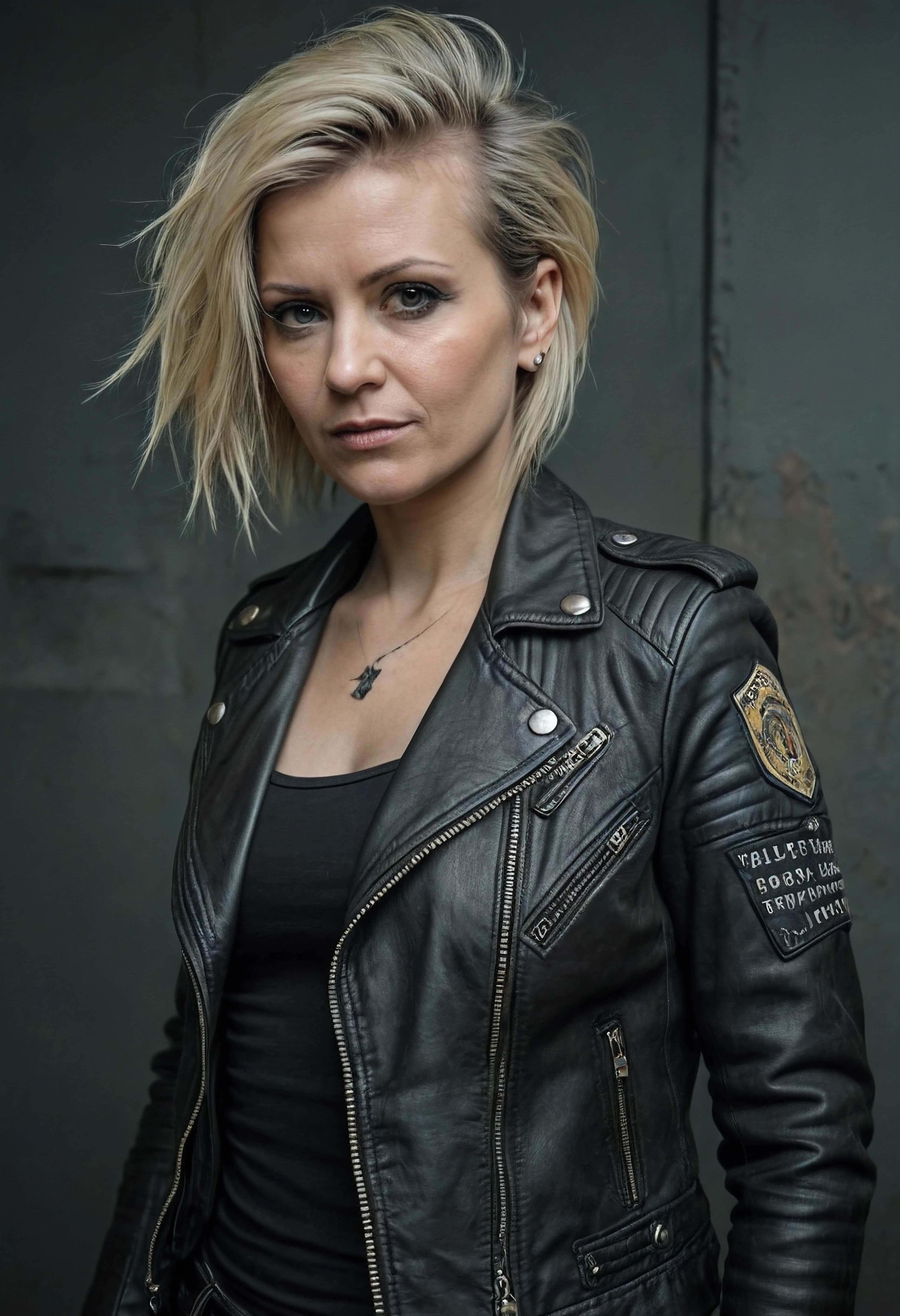 RAW photo, 40yo woman, blonde, punk hair, dark theme, muted colors, leather jacket