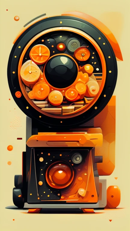 Create flat design in an novel illustration style and detailed illustration mainly in warm, black and orange tones. It consists of various geometric elements such as straight lines, semi-circles and 3d shapes. These shapes are arranged in a detailed manner, creating a diagonal composition.