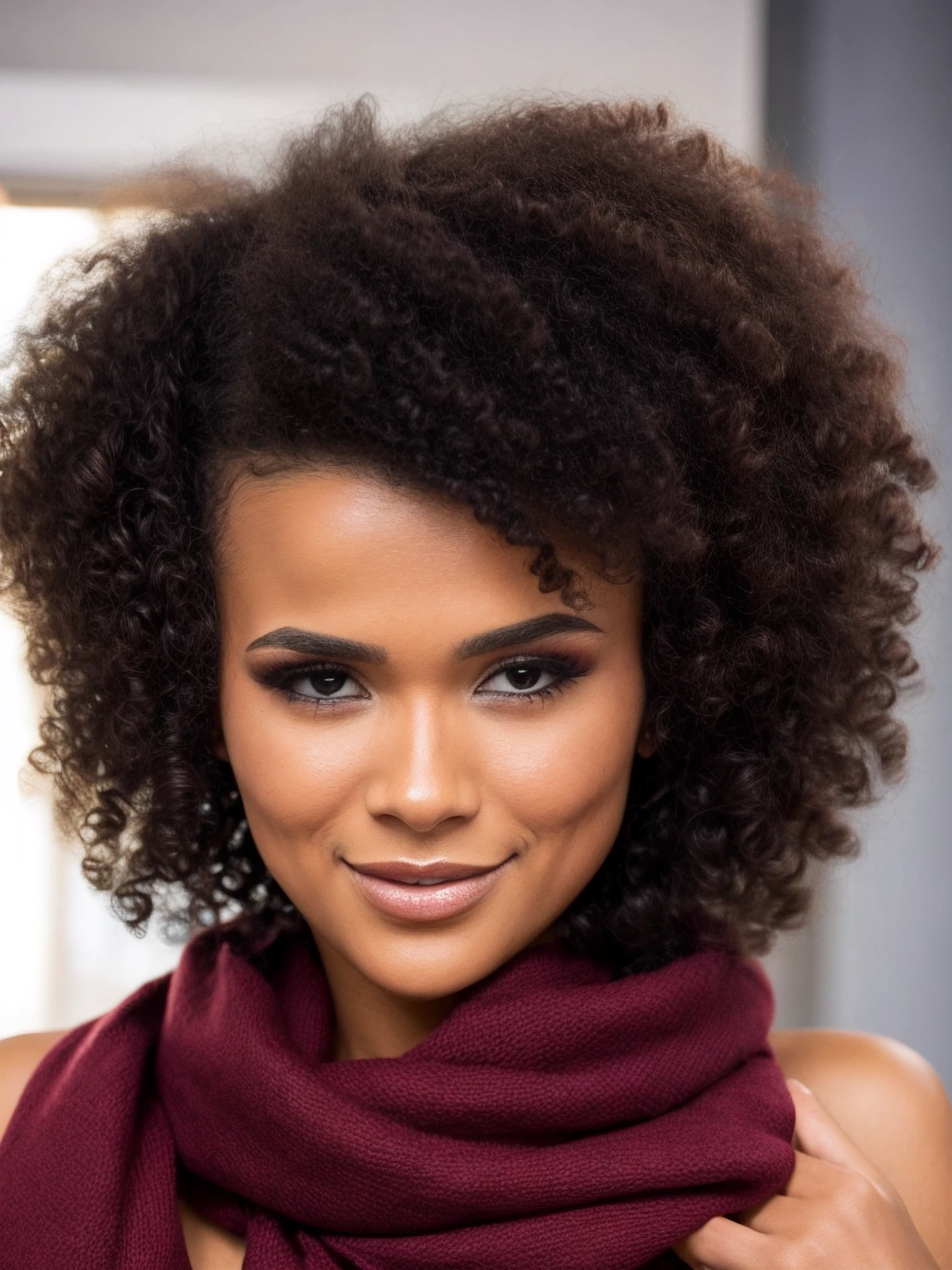 1ali, hands over head, sharp focus, smile, black hair, makeup, shiny afro, scarf, dark-skinned female