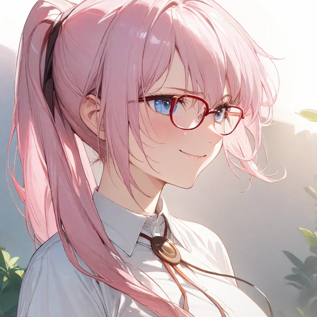 (masterpiece),(best quality),(ultra-detailed),(best illustration),(best shadow),(absurdres),(detailed background),(very aesthetic),shikimori, 1girl, solo, blue eyes, glasses, smile, pink hair, shirt, white shirt, long hair, white background, red-framed eyewear, upper body, collared shirt, simple background, ponytail, short sleeves<lora:shikimori:1>