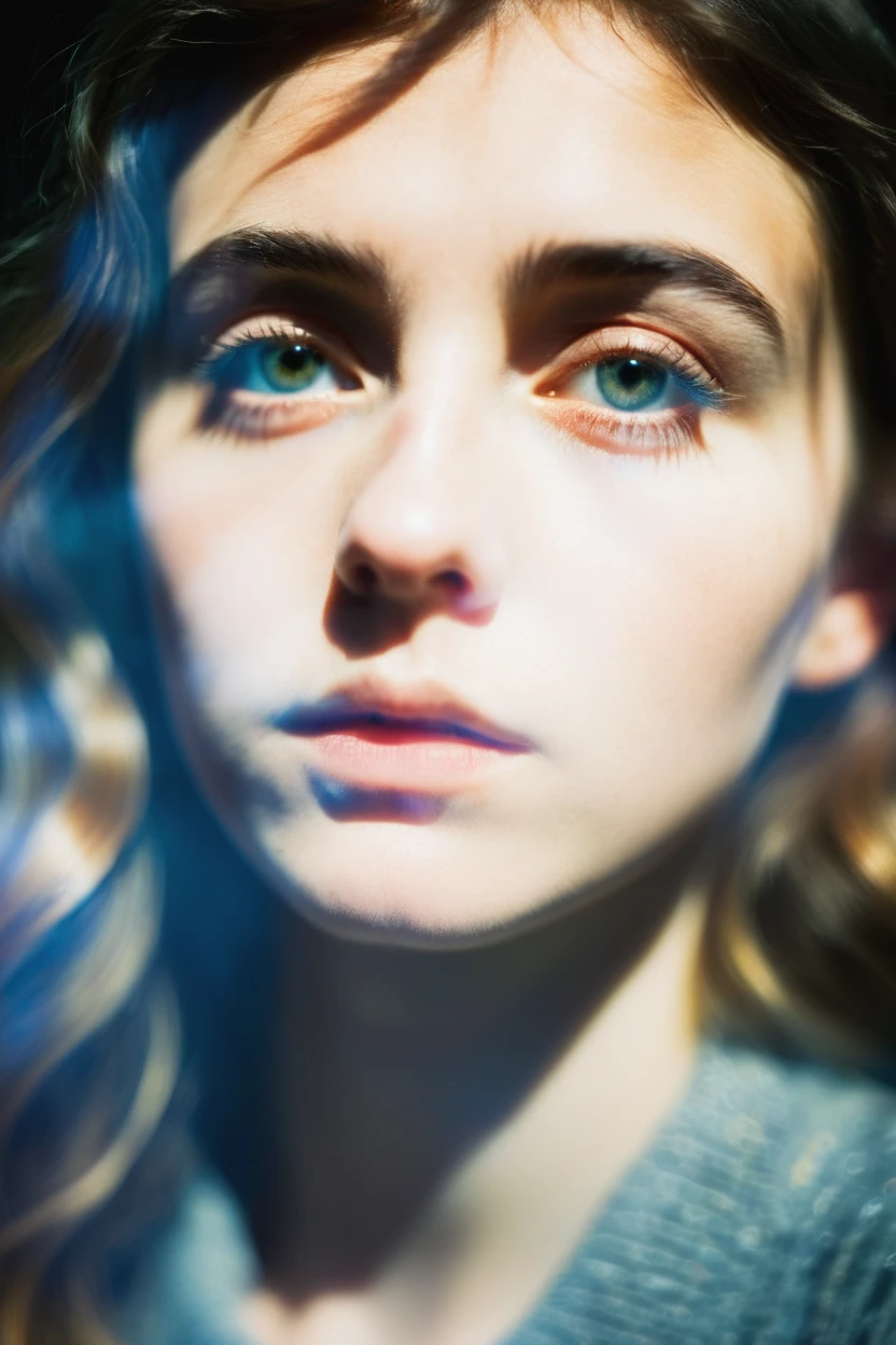 blurred portrait of a young caucasian woman with ethereal lighting, double exposure effect, melancholy expression, side-parted hair, early 20s, inspired by man ray photography, surrealism, best quality