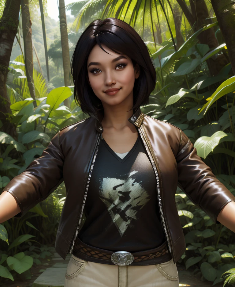 samantha,brown eyes,black hair,
shirt,jacket,belt,pants,looking at viewer,
upper body,light smile,
outdoors,jungle,temple,
(insanely detailed,  masterpiece, best quality),solo,<lora:samanthanishimura:0.9>,