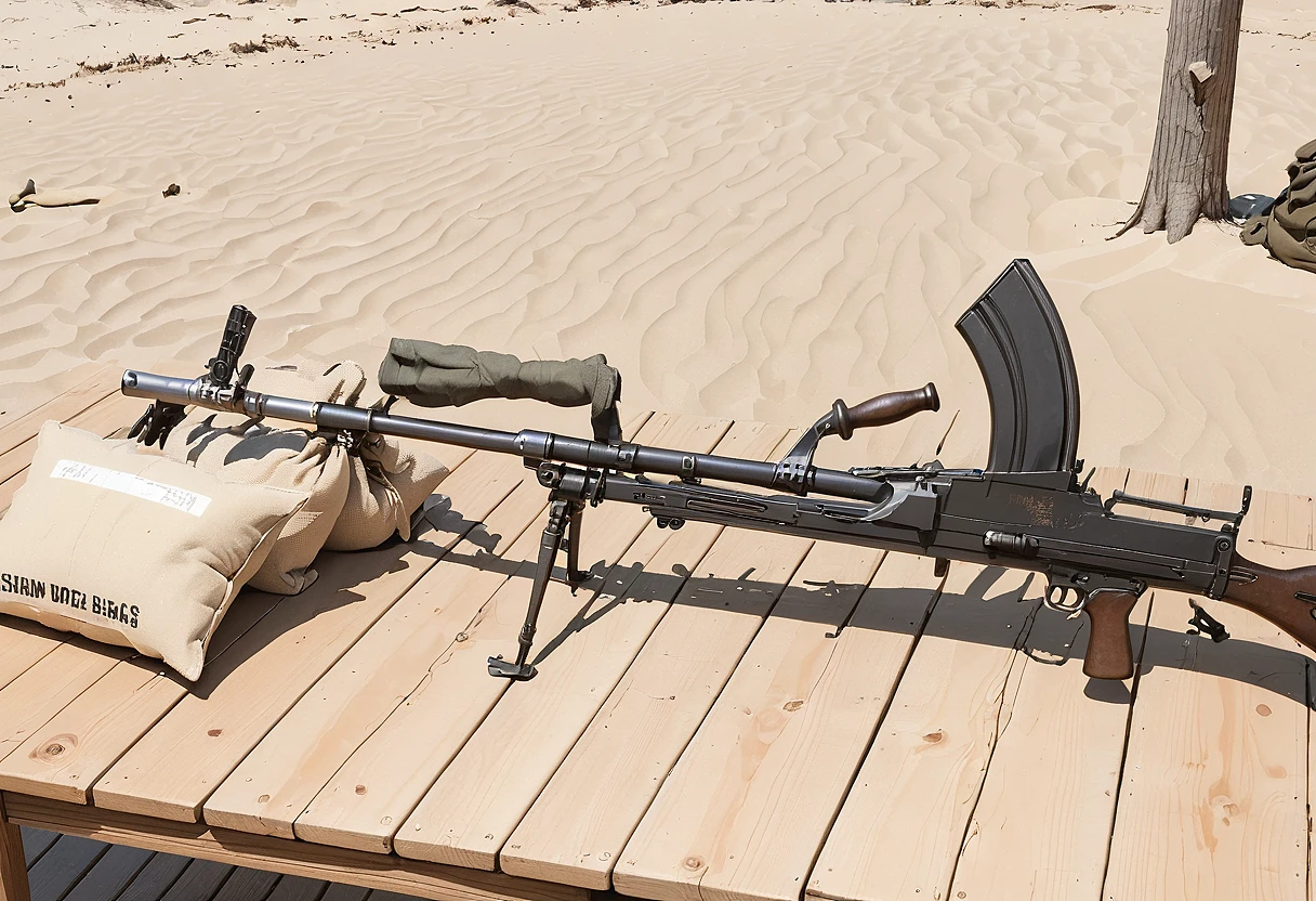 brenmk1, rifle, on a wooden table, sand bags,