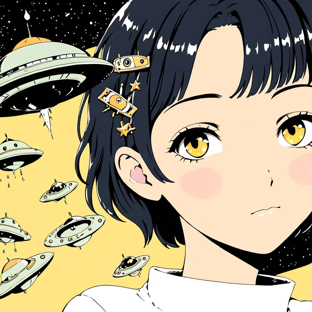 closeup, cute girl, portrait, ufo hair clips, black hair, golden eyes, short hair