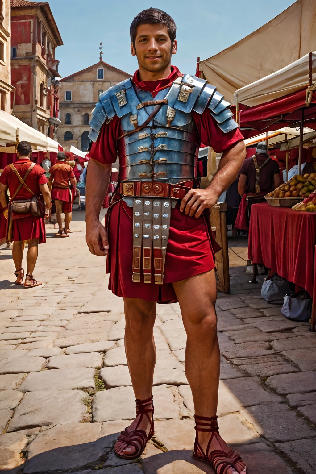 walking through the Roman market of a Roman city, LeoGiamani is wearing loriseg armor, (red tunic), (red shirt), (sandals), slight smile, (((full body portrait))), (full body), wide angle, <lora:loriseg:0.7> <lora:fantrome_v3:0.5>   <lora:LeoGiamani:0.8>