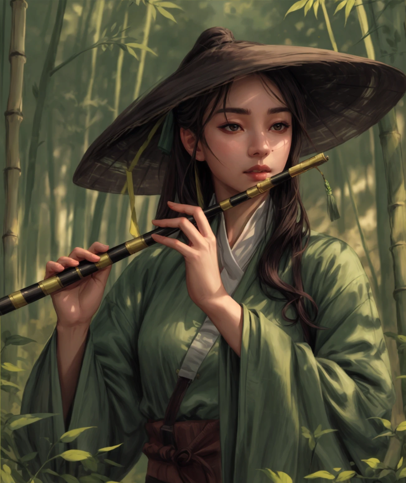 <lora:add_detail:0.5>, <lora:Bordizzo:0.85>, (artistic lighting, 2D, best quality, realistic face:1.10), 1woman playing flute in forest, bordizzo, black hair, detailed background, <lora:bamboohat_v3:0.6>