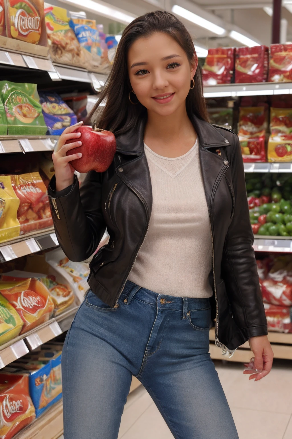 (masterpiece, solo, 1girl),(ultra detailed),RAW photo,subject,8k uhd,dslr,soft lighting,high quality,film grain,Fujifilm XT3,<lora:christinamodel:0.9>,christinamodel,jacket and jeans,in supermarket,buying fruit,