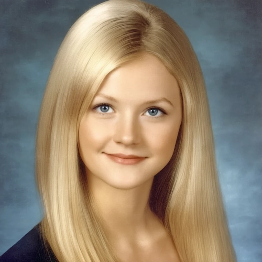 school yearbook photos, Slender female, long blonde hair, blue eyes, elegant