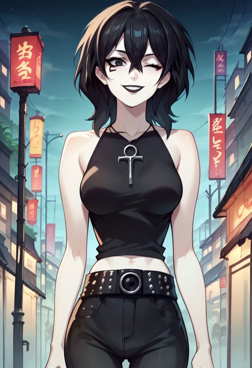 D_endless, anime screencap, 1girl, black eyes, black hair, medium hair, hair between eyes, pale skin, white body, medium breasts, facial mark, ankh necklace, black top, bare shoulders, studded belt, black pants, looking at viewer, black lips, goth, night, smile, one eye closed, skyscraper,, score_9, score_8_up, score_7_up, score_6_up, score_5_up, score_4_up, ponypositive