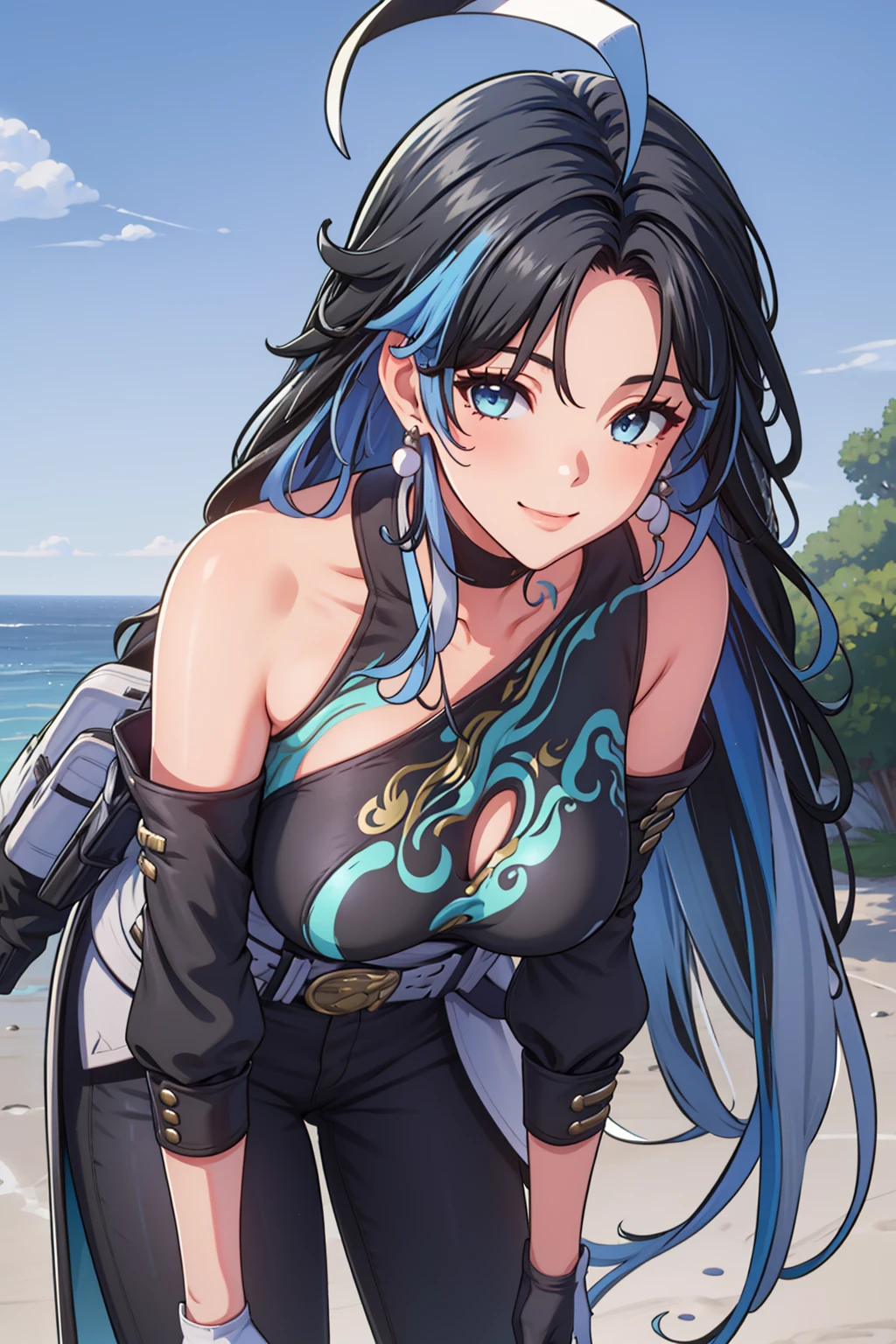 masterpiece, best quality, 1girl, tlalocstg3, black hair, blue hair, black eyes, long hair, two-toned hair, two-tone hair, ponytail, white dress, white detached sleeves, upperbody, solo, sun, sea, sand, beach background <lora:Tlaloc:1>