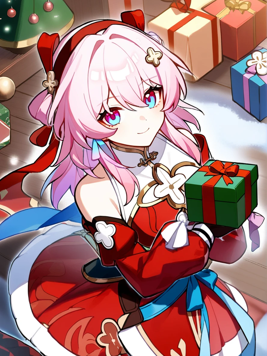 1girl, 
march 7th \(hunt\) \(honkai: star rail\), solo, red sleeves, hairband, christmas, gift, long sleeves, holding, box, long hair, blue hair, detached sleeves, red hairband, closed mouth, gift box, bare shoulders, looking at viewer, blue eyes, smile, hair between eyes, 
  safe
 <lora:mki-ani31-march_7th_hunt-v4:1>