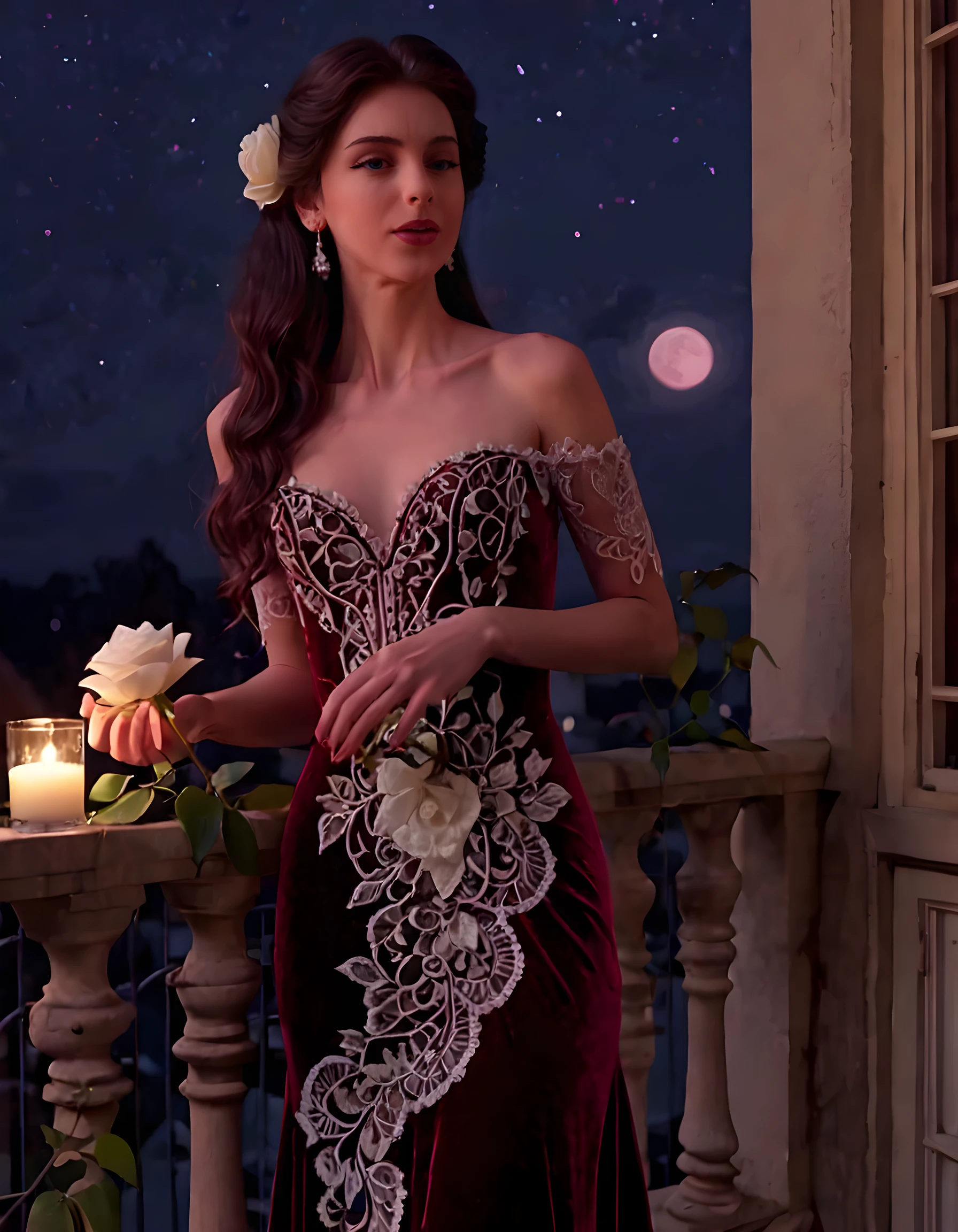 Standing on a grand balcony in the fading light of dusk, Lilly, with her cascading dark hair and holding a single white rose, exudes an air of mystery and allure as she gazes out into the moonlit night, dressed in a Victorian-era gown of deep crimson velvet that clings to her form, its intricate silver thread embroidery and black lace detailing adding to the enigmatic beauty of the scene.