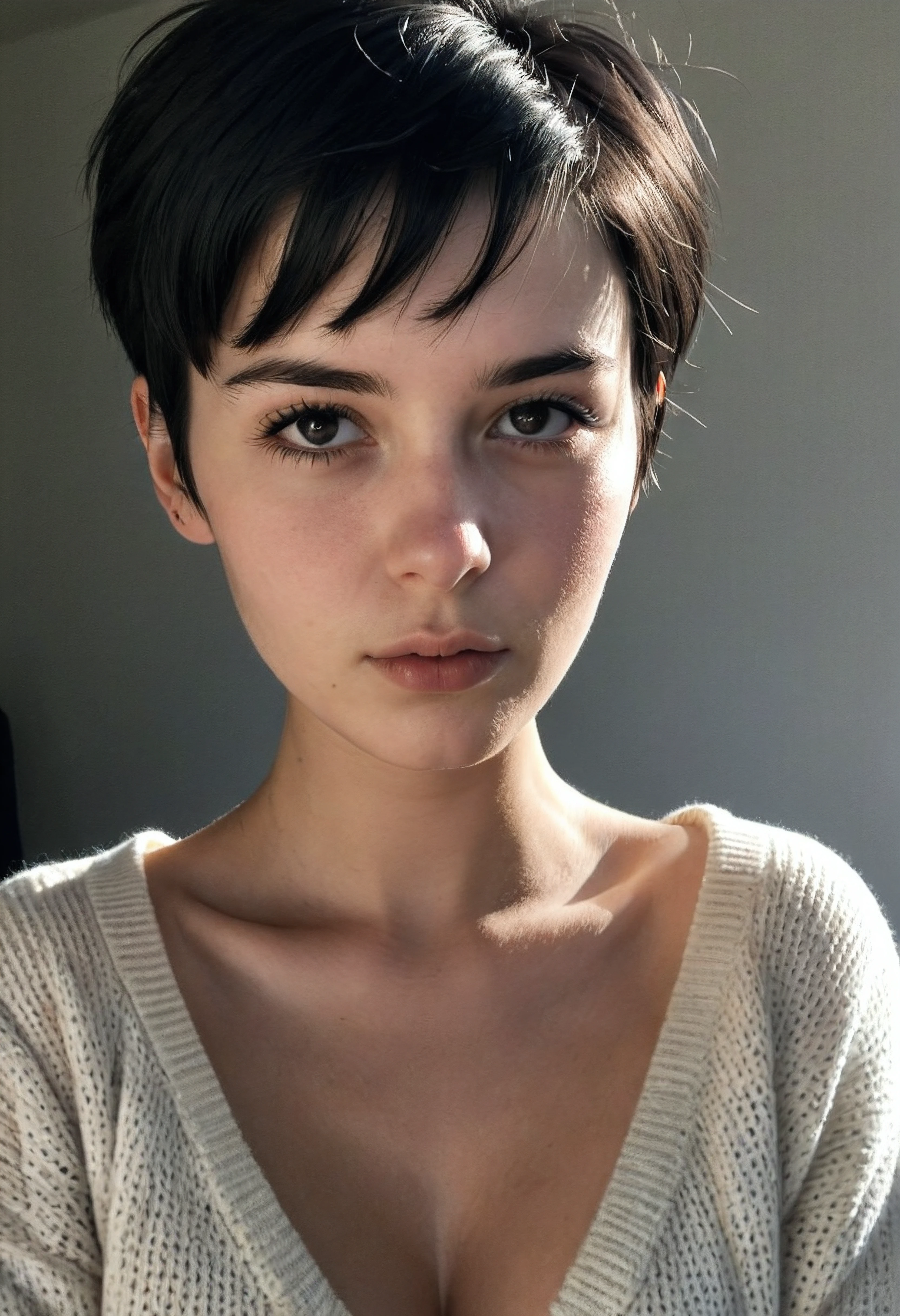instagram photo, 21yo french woman, short hair, black hair, closeup portrait, sweater, cleavage, pale, hard shadows