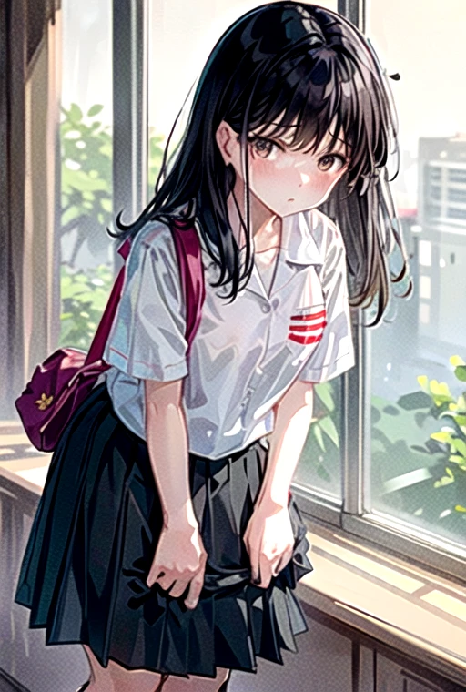 best quality,masterpiece,highly detailed,detailed hair, beautiful face, beautiful girl, ultra detailed eyes, cinematic lighting,
1girl,
<lora:KGHSv3:0.8>,((kghsv3)),black skirt,breast pocket,pleated skirt,school uniform,short sleeves,((white shirt)), black knee-high socks,
black hair, bangs, long hair, black eyes,<lora:KGHSSideBagv1:0.7>, ((kghssidebag)), shoulder bag,
<lora:add_detail:0.4>,