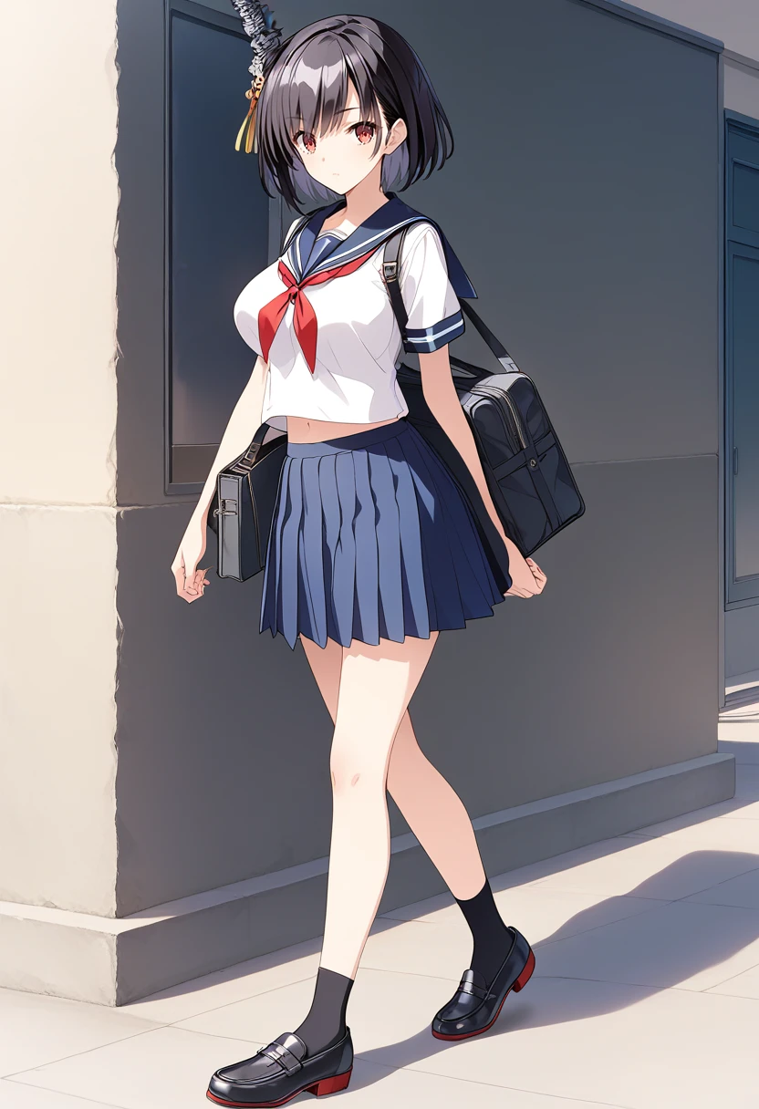 walking, cowboy shot, serafuku, school uniform, navel, blue skirt, blue sailor collar, full body, large breasts, <lora:KC_05BB_yamashiro-n_pony:1> yamashiro-kc, short hair, black hair, headgear, red eyes, hair ornament,, score_9,score_8_up, score_7_up, source_anime, masterpiece, best quality,  official art, official style, game cg, megami magazine, rating_safe, rating_questionable, <lora:Fixhands_anime_bdsqlsz_V1:0.75>,