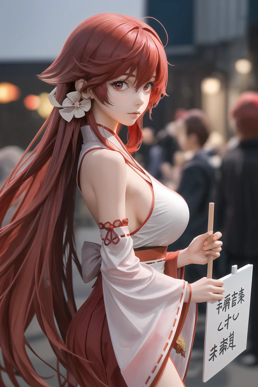 1girl,long hair,solo,holding sign,red hair,sign,looking at viewer,detached sleeves,miko,holding,japanese clothes,very long hair,