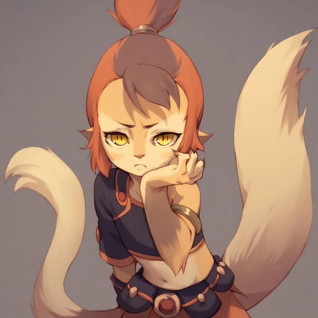 score_8, score_9, solo, BREAK, female child, wilykit, multicolored hair,yellow eyes, midriff, tail