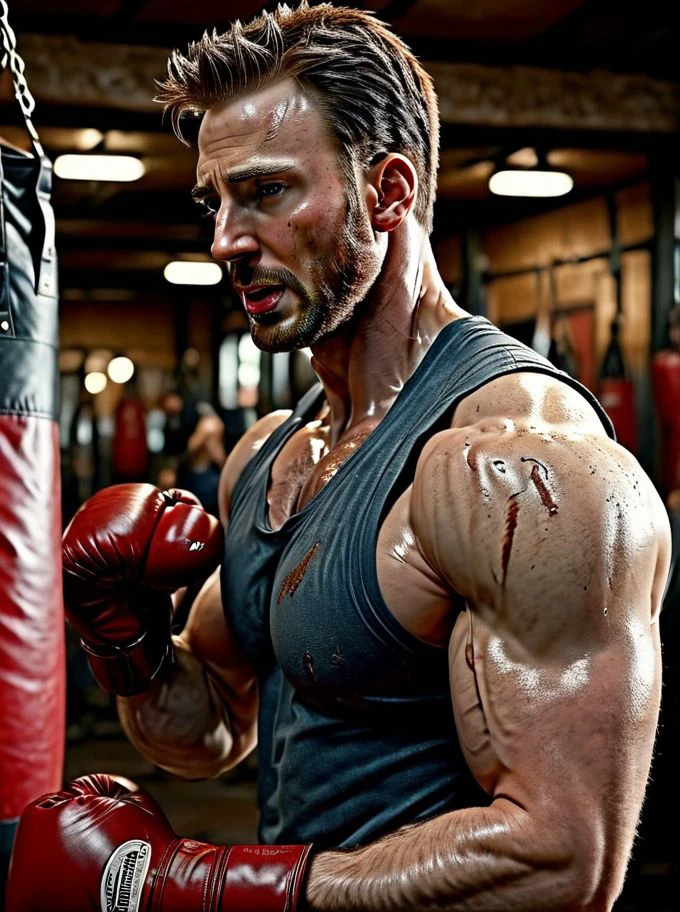 Chris Evans a man <lora:Chris-Evans:1>, punching a boxing bag in a grungy gym. Sweating it out, wearing a tight wet vest showing ripped biceps. Side view, high detail, realistic, 8k, depth of field, sharp focus, intricate, smooth, masterpiece, photorealistic, professional photoshoot quality, highly detailed detailed face, realistic skin, ultra-realistic, uhd, full body in frame, <lora:add-detail-xl:1>