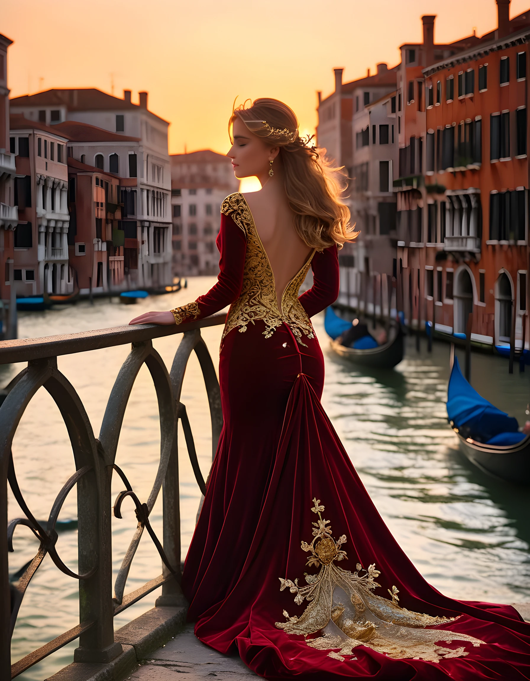 In the golden hour, with her crimson velvet gown adorned with intricate gold embroidery cascading down her back and flowing out behind her like a sail in the wind, Lilly stands poised at the edge of an ancient stone bridge overlooking Venice's Grand Canal, her hair catching the last rays of twilight sunlight as she gazes out into the fading colors of the sky. The city glows softly around her, its gondolas floating lazily along the water below, reflecting the warm, ethereal glow in their dark wood hulls.