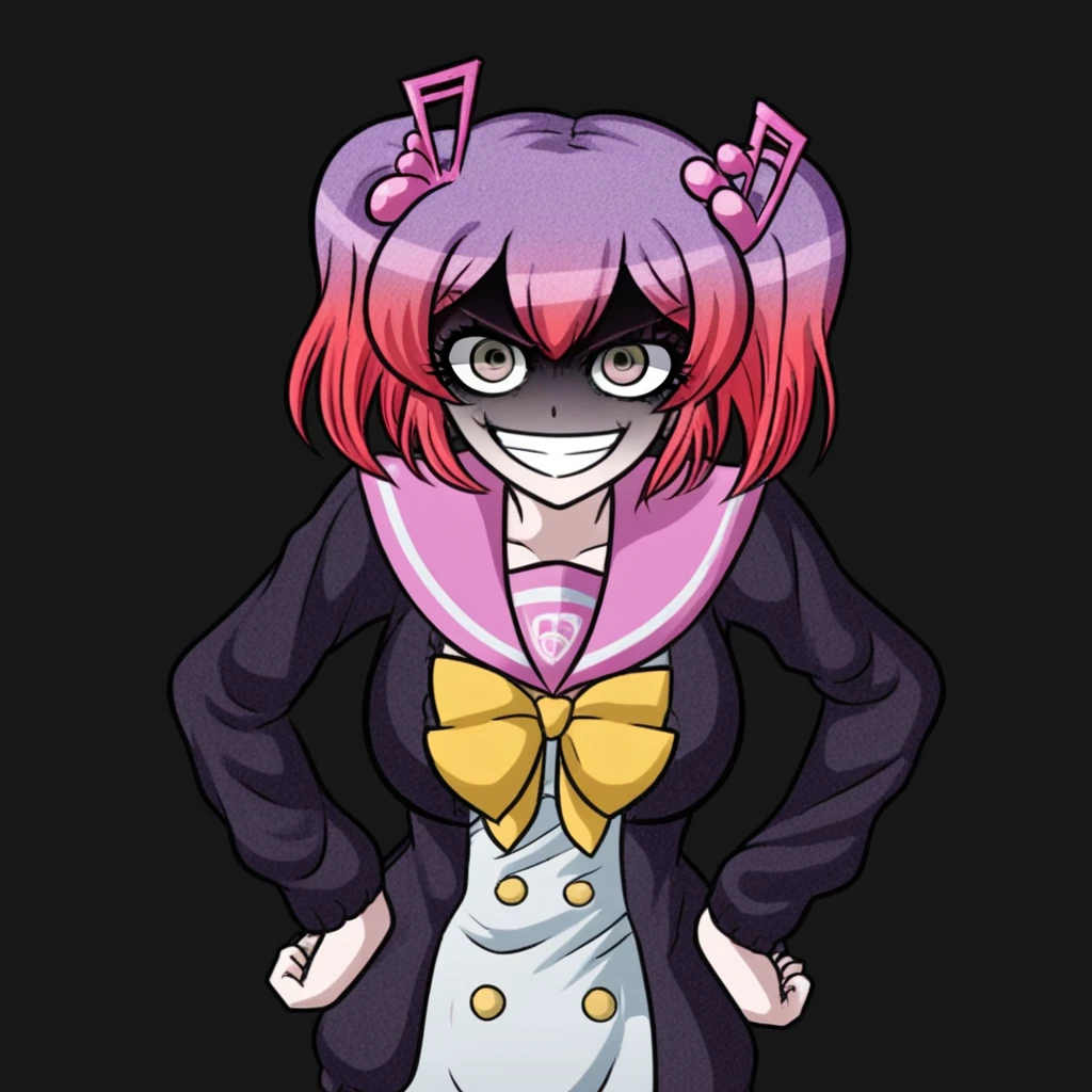 Kanade Otonokoji, danganronpa, gradient hair, purple hair, pink hair, bangs, pigtails, hair ornament, double note hair ornament, pink eyes, cardigan, open cardigan, black cardigan, sailor collar, pink sailor collar, dress, white dress, ribbon tie, yellow ribbon tie, shadowed face, evil, smile, grin, leaning forward, hands on hips,