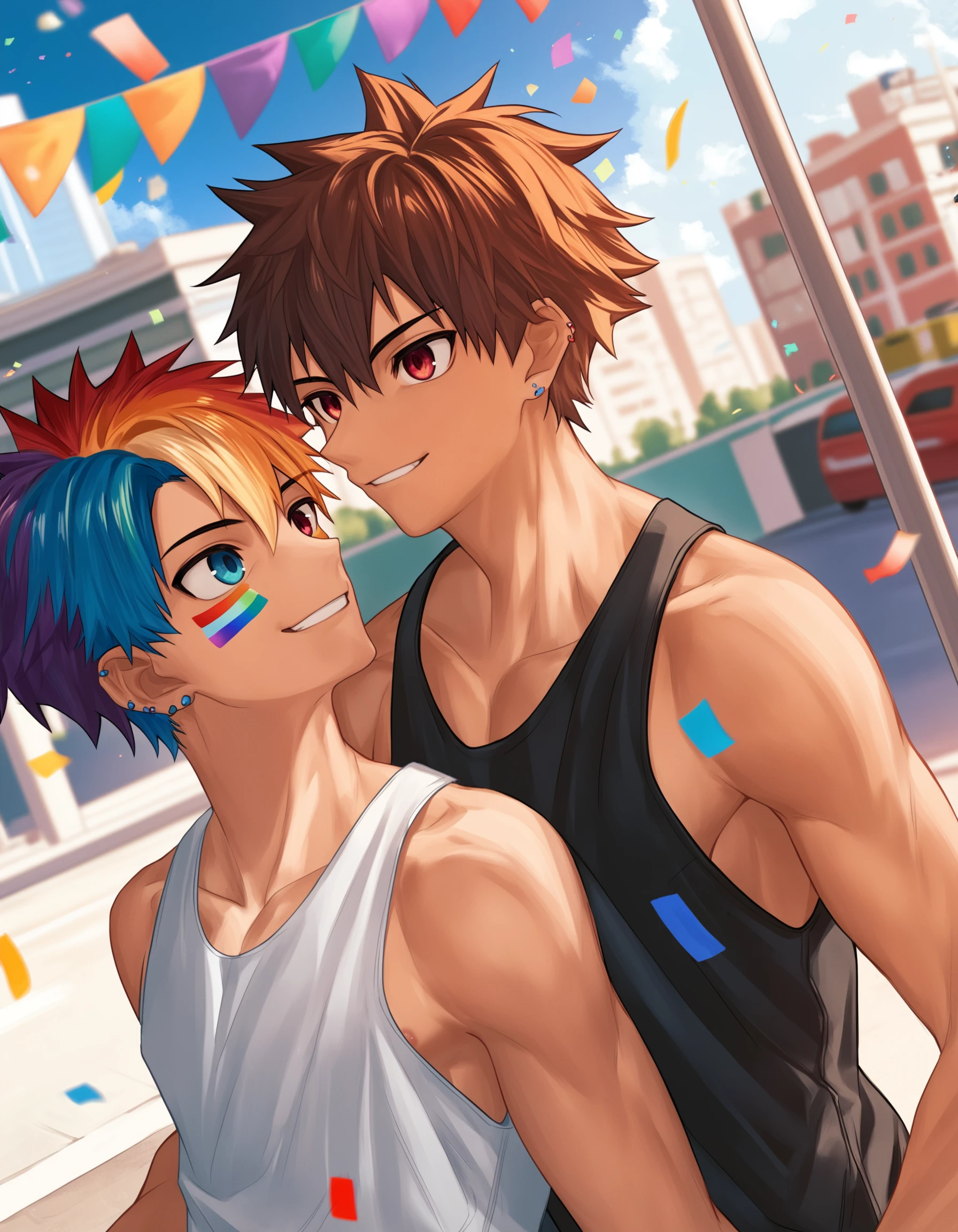 score_9, score_8_up, score_7_up, score_6_up, source_anime, outdoors, city street, dutch angle, 2boys, rainbow hair, face paint, eye contact, smile, tank top, rainbow flag, confetti, embrace <lora:nayoshi-amxl-v4c-ShoAI:0.95>