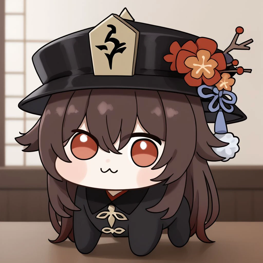 HuTao_DskFll,  doro, creature, :3, chibi, 1girl, solo, long hair, looking at viewer, brown hair, solid circle eyes, long sleeves, hat, no pupils, hair between eyes, upper body, flower, black headwear, red flower,  hat flower, flower-shaped pupils,  plum blossoms, no humans,  hu tao (genshin impact),  BREAK PonyXLV6_Scores