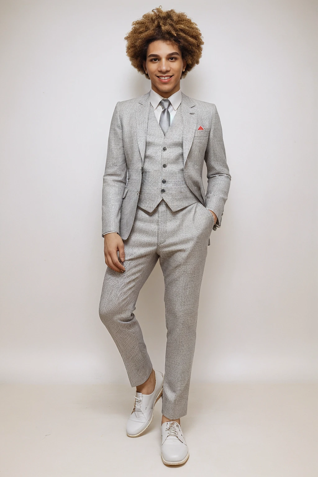 full body, photo of ruanperson <lora:Ruan_epoch_8:1> , wearing Thom Browne suit and tie and shoes, abstract background, afro, relaxed confident expression, smirk, dynamic pose, editorial