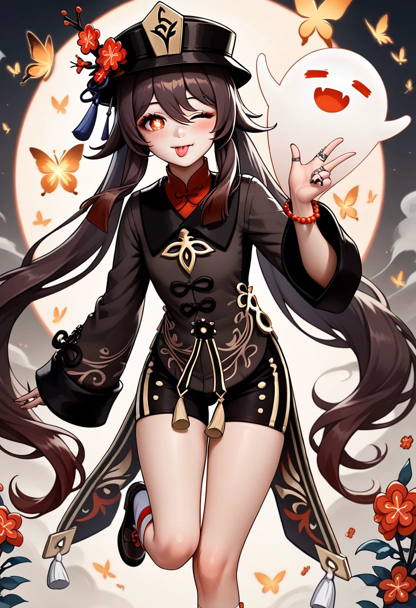 HuTao_DskFll, 1girl, solo, long hair, looking at viewer, blush, smile, brown hair, red eyes, long sleeves, hat, hair between eyes, twintails, jewelry, very long hair, standing, flower, thighs, one eye closed, shorts, tongue, socks, fang, tongue out, wide sleeves, bracelet, symbol-shaped pupils, short shorts, black headwear, leaning forward, chinese clothes, black shorts, ring, standing on one leg, bug, white socks, butterfly, beads, ghost, hat flower, bead bracelet, ;p, plum blossoms, hu tao (genshin impact), boo tao (genshin impact) BREAK PonyXLV6_Scores