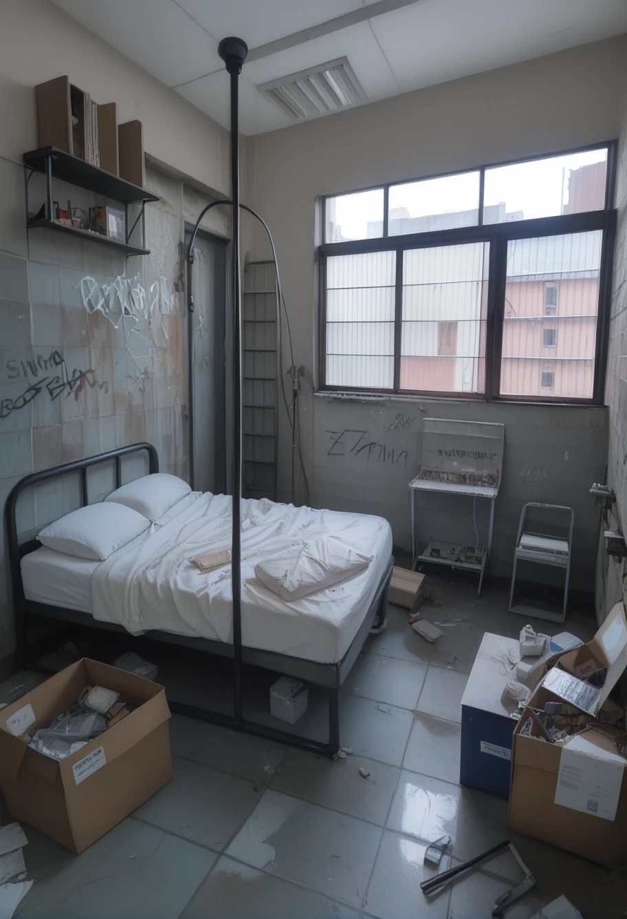 score_9,score_8_up,score_7_up,8k,hd,,ruanyi0060,blinds,cracked wall,no humans,dirty,box,brick wall,broken,broken glass,broken window,building,cable,cardboard box,chair,cracked wall,curtains,desk,door,glass,graffiti,hospital bed,indoors,industrial pipe,pillow,railing,ruins,shelf,tile floor,tile wall,tiles,wall,water,window,<lora:0060 abandoned hospital_v1_pony:1>