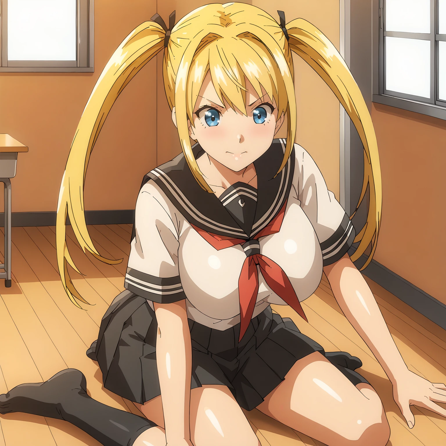 <lora:SayaMinatoXLpony001>,
solo,
SayaMinato,1girl,blonde hair,twintails,blue eyes,
large breasts,
serafuku,white shirt,red_neckerchief,
pleated_skirt,black skirt,
black socks,