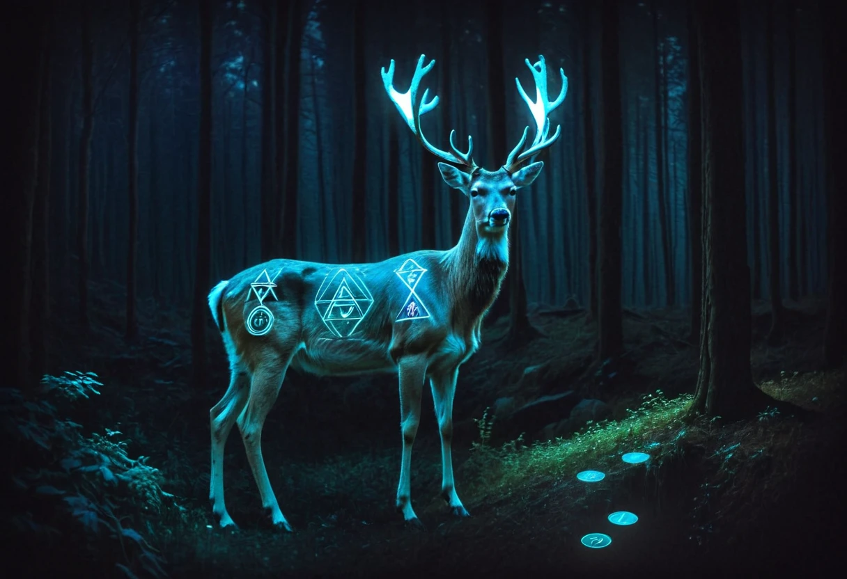 A surreal photo manipulation of a holographic deer with glowing antlers AND a vignette forest at night,
ancient runes, extremely detailed,
 <lora:Manipulator:1>