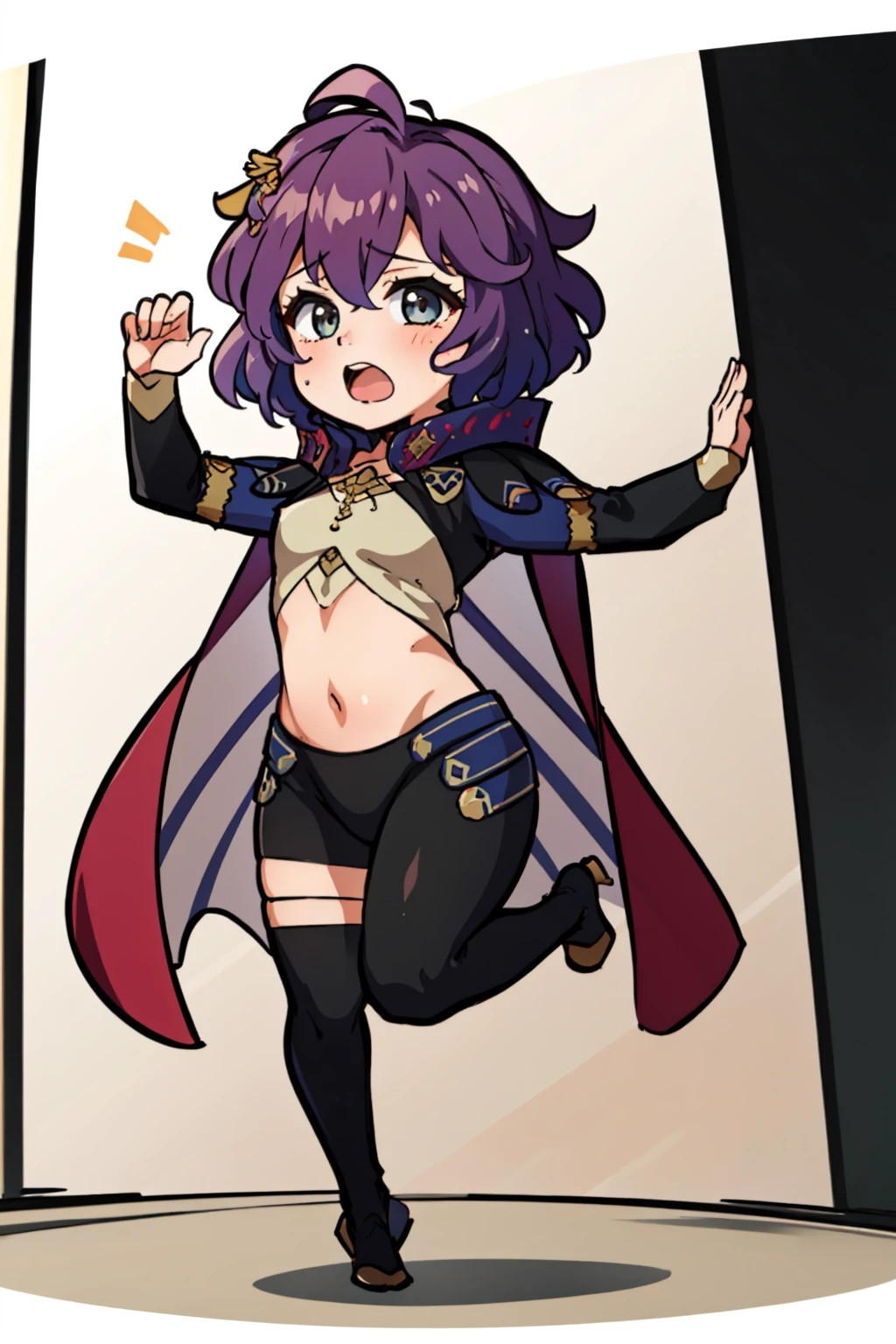 (masterpiece, best quality:1.2), 1girl, full body, looking at viewer, open mouth, surprised, <lora:bernadetta-nvwls-v2:0.7> defBernie, <lora:SageOutfitFE17:0.9> fe17sage, crop top, high collar, long sleeves, midriff, black pants, asymmetrical legwear, clothing cutout, cape, <lora:DarkCabalChibiStyle:1> chibi, white background, simple background
