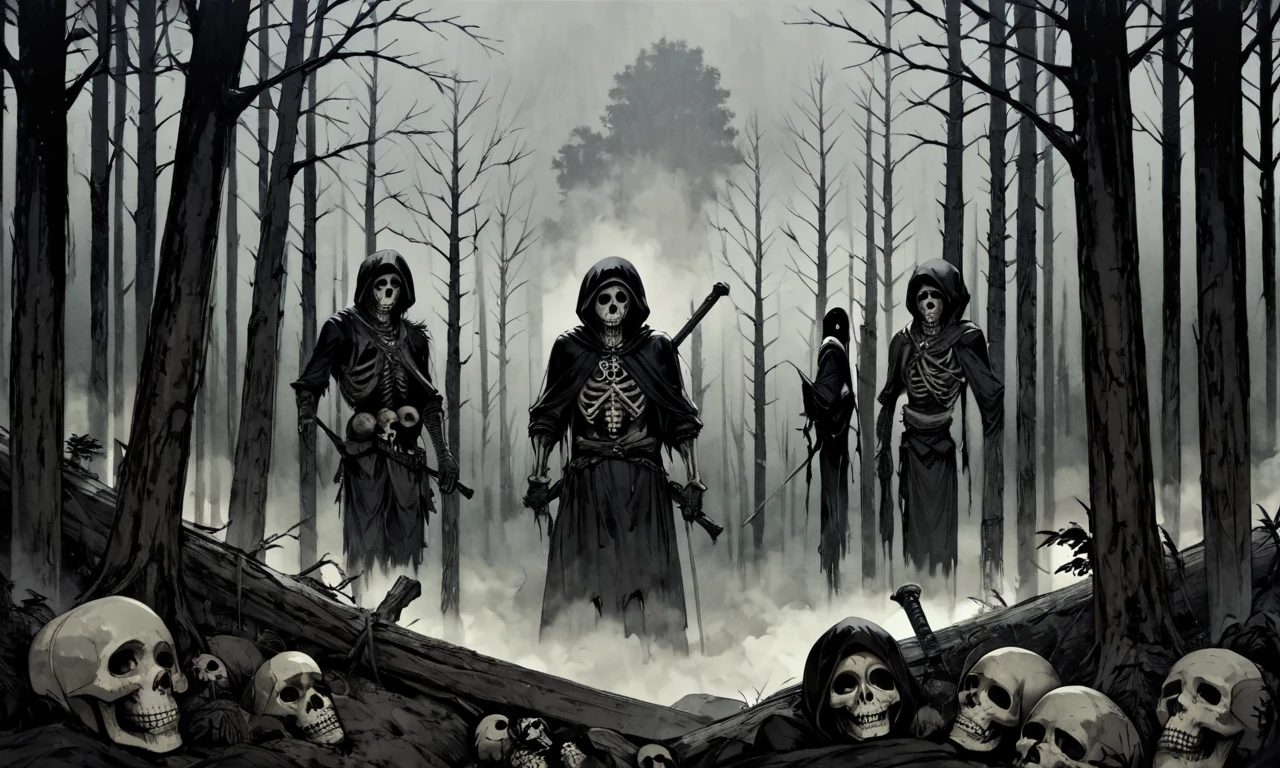 score_9, score_8_up, score_7_up, score_6_up, source_anime, BREAK, holding, monochrome, weapon, outdoors, sword, hood, holding weapon, tree, nature, forest, skull, skeleton, fog, horror, dark theme