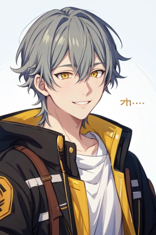 1boy,solo,male focus, smile,t-shirt,upper body, ,sekina,caelus,grey hair,short hair,yellow eyes,hair between eyes,shirt,jacket,black jacket,