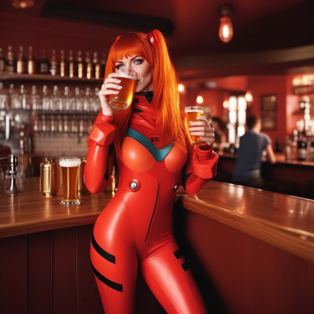 cinematic photo a full body woman, red plugsuit, blue eyes, orange hair, having a beer in a pub  <lora:Asuka1024:0.8> . 35mm photograph, film, bokeh, professional, 4k, highly detailed