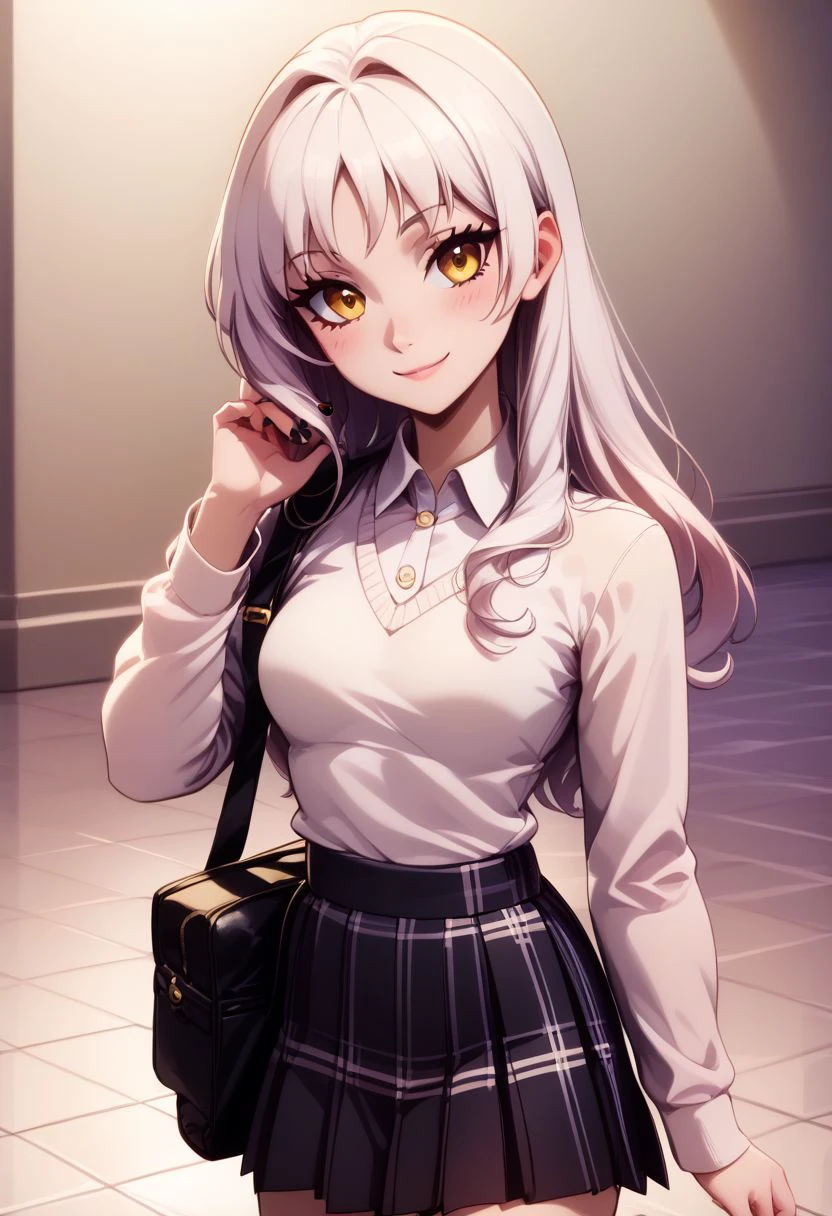 score_9, score_8_up, score_8, medium breasts, (curvy), cute, eyelashes,     
BREAK,
zzcaren, long hair, yellow eyes, white hair, sidelocks,
BREAK,
 closed mouth, alternate costume, smile, nail polish, looking at viewer, hand up, collared shirt, blush, sweater, black skirt, black nails, eyelashes, long sleeves, sleeves past wrists, plaid skirt, shoulder bag, black bag, blurry, tile floor, pleated skirt, white shirt,
zPDXL,