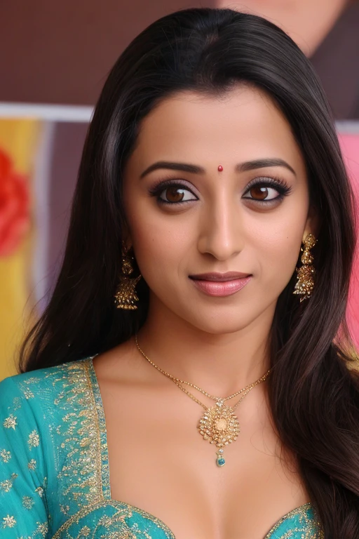 highly detailed image of trisha, close up photo, portriat, beautiful hair,  colorful dress <lora:trisha_super_v1:.7><lora:breastsizeslideroffset:-.2>