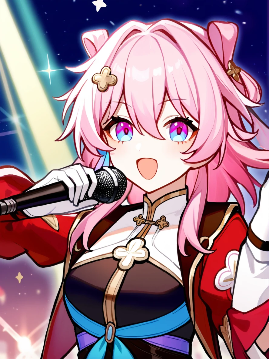 1girl, 
march 7th \(hunt\) \(honkai: star rail\), solo, red sleeves, upper body, black bow, holding, purple eyes, white gloves, white shirt, open mouth, bow, pink hair, looking at viewer, long sleeves, gloves, shirt, holding microphone, microphone, long hair, 
  safe
 <lora:mki-ani31-march_7th_hunt-v4:1>