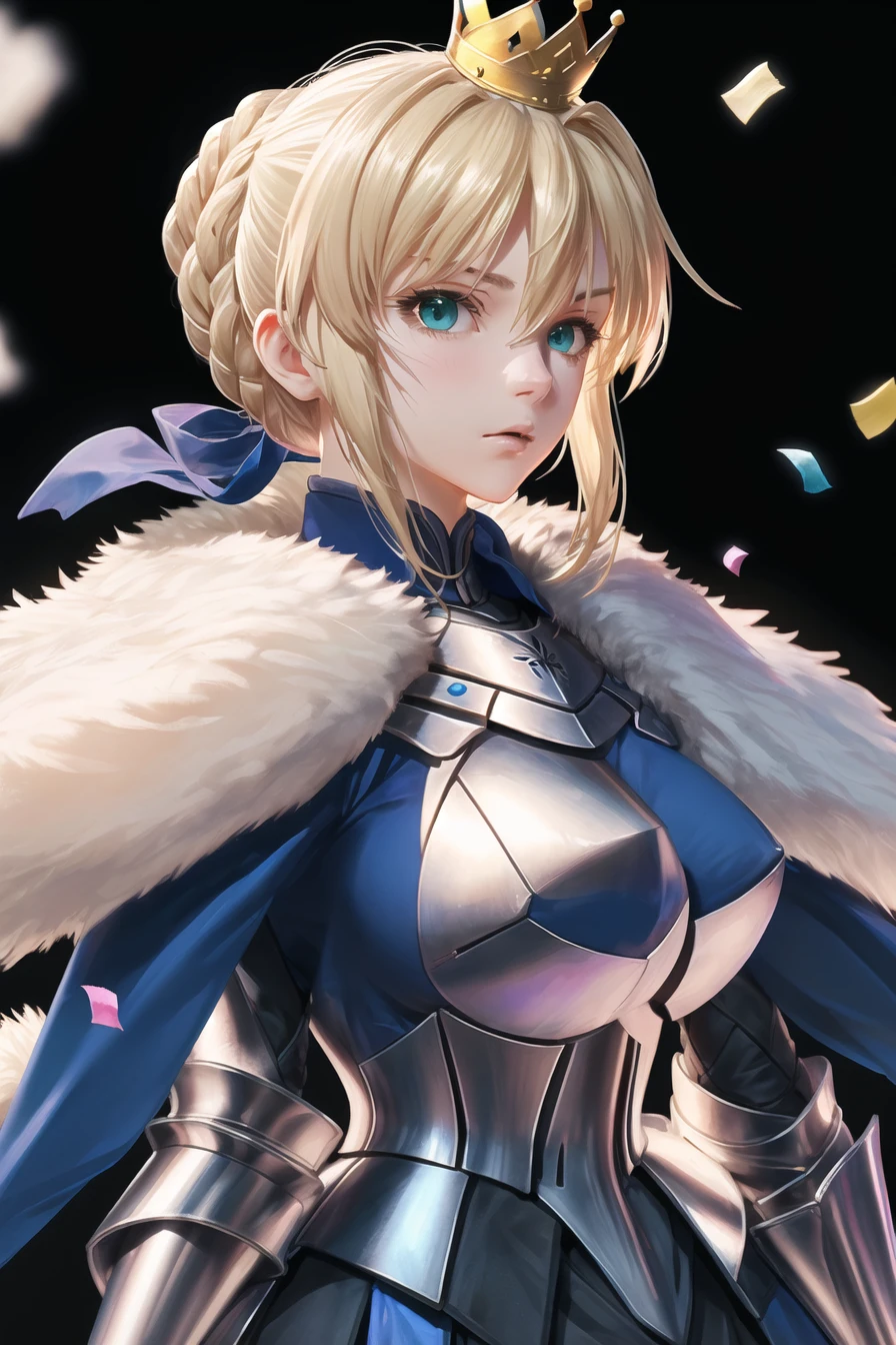 1girl, artoria pendragon (fate), armor, crown, blonde hair, sidelocks, solo, fur trim, braid, looking at viewer, bangs, saber, cape, closed mouth, blue cape, blurry, breastplate, armored dress, confetti, ahoge, french braid, upper body, green eyes, hair between eyes, depth of field, fur-trimmed cape, blue eyes, gauntlets, artoria pendragon (lancer) (fate), dress