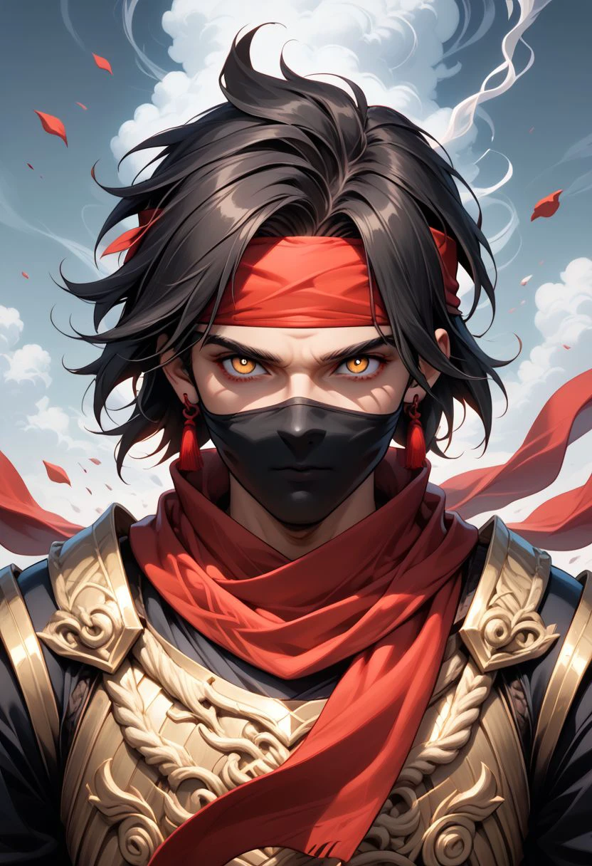 kaoselement style, 1boy, male focus, smoke, solo, scarf, looking at viewer, red scarf, mask, headband, jewelry, armor, earrings, black hair, mouth mask, upper body, red headband, covered mouth, shoulder armor, yellow eyes, brown eyes, wind, ninja, bandana, chaos, panic, disorder, my job is done here, chaotic, chaos bean BREAK zPDXL2