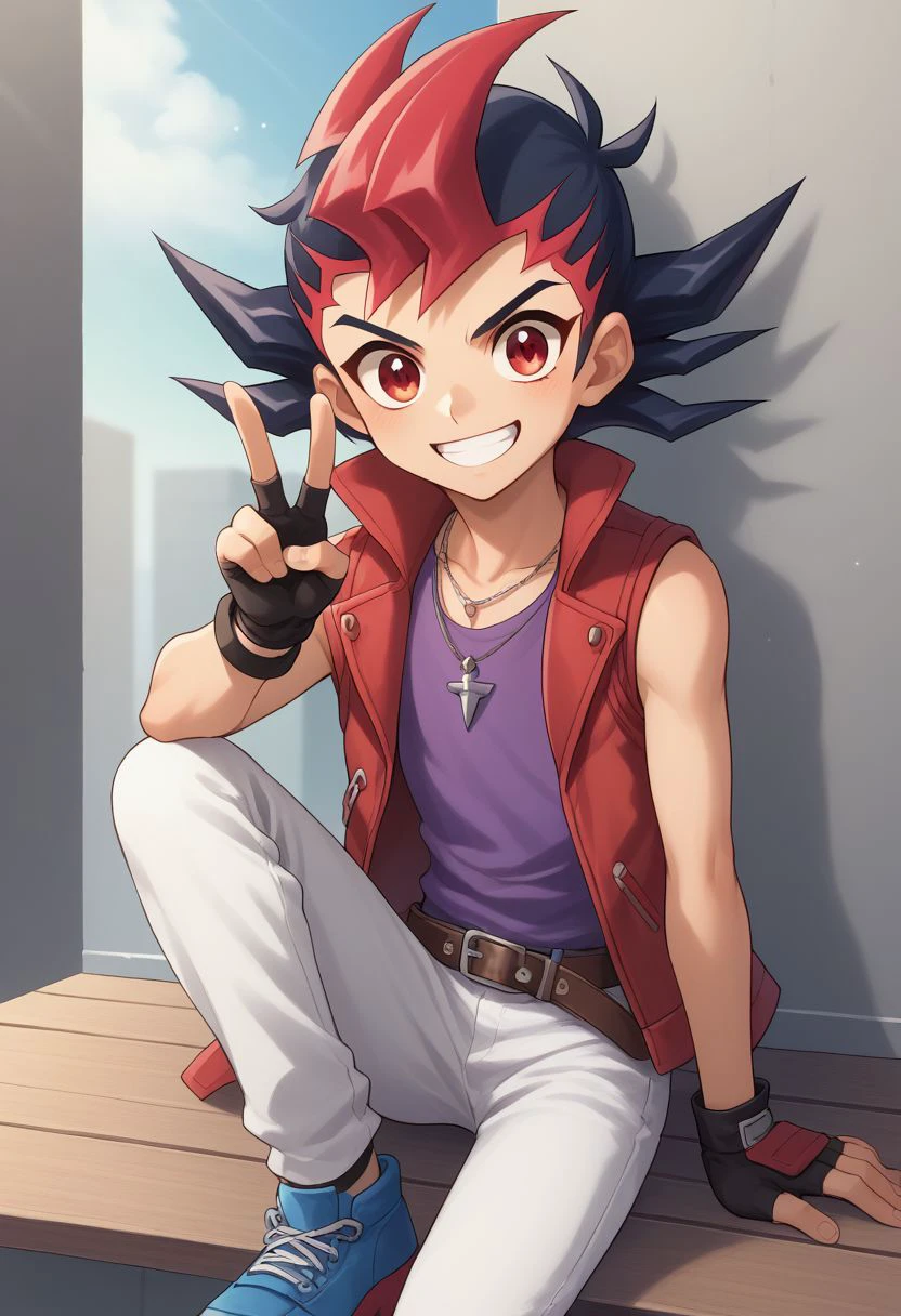 score_9, score_8_up, score_7_up, source_anime, highly detailed, cute,
yuma, 1boy, male focus, gloves, solo, red eyes, black hair, red hair, spiked hair, belt, fingerless gloves, multicolored hair, open mouth, smile, grin, white pants, purple shirt, jacket, sleeveless, bang, necklace, upper body, v sign, blue shoes,
outdoor, sit,