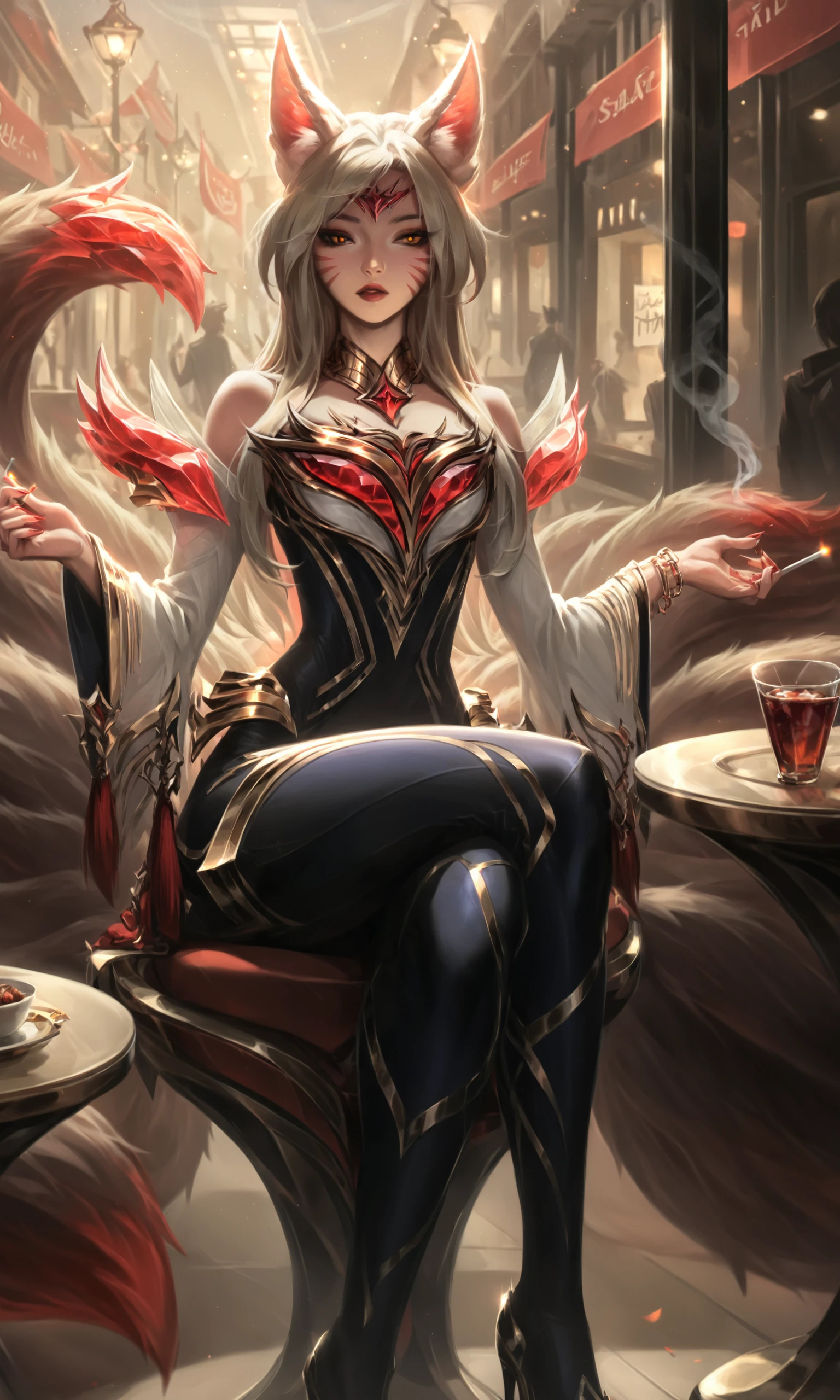 detailed girl face, score_9, score_8_up, score_7_up, score_6_up, score_5_up, score_4_up, immortalizedahri, ahri \(league of legends\), woman, solo, fox, tails, in street, sitting on a chair, ourdoors, cafe, smoking a cigarette, tired, panting, looking at viewer