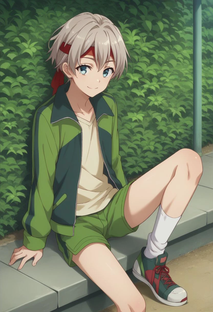 score_9, score_8_up, score_7_up, source_anime, highly detailed, 
saika, 1boy, headband, solo, shorts, male focus, grey hair, pants, jacket, green shorts, red headband, shirt, layered sleeves, cute, skinny, smile, socks, sneakers,
outdoor, sit,