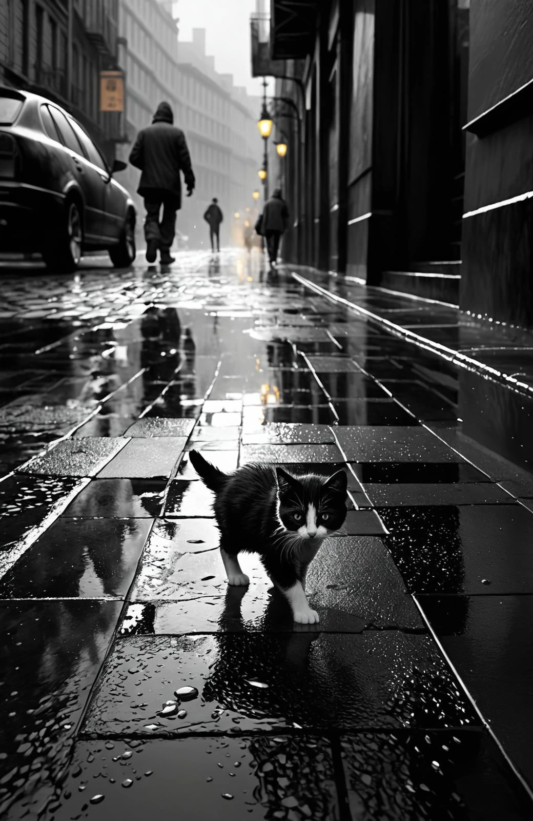 Masterpiece in monochrome - A poignant scene inspired by Jeremy Mann and Ivan Aivazovsky. In the heart of a bustling city, a forlorn black-and-white homeless kitten navigates paving slabs with disheveled, fluffy fur  amid a simple background . Man's legs and sole of his running shoe are barely visible in the distance as rain falls gently upon this melancholic tableau. Warm light reflection adds an ethereal touch , reminiscent of Disco Elysium's atmospheric world. this digital artwork embodies outstanding composition and extreme detail, delivering a high-resolution masterpiece that encapsulates the essence of urban solitude.