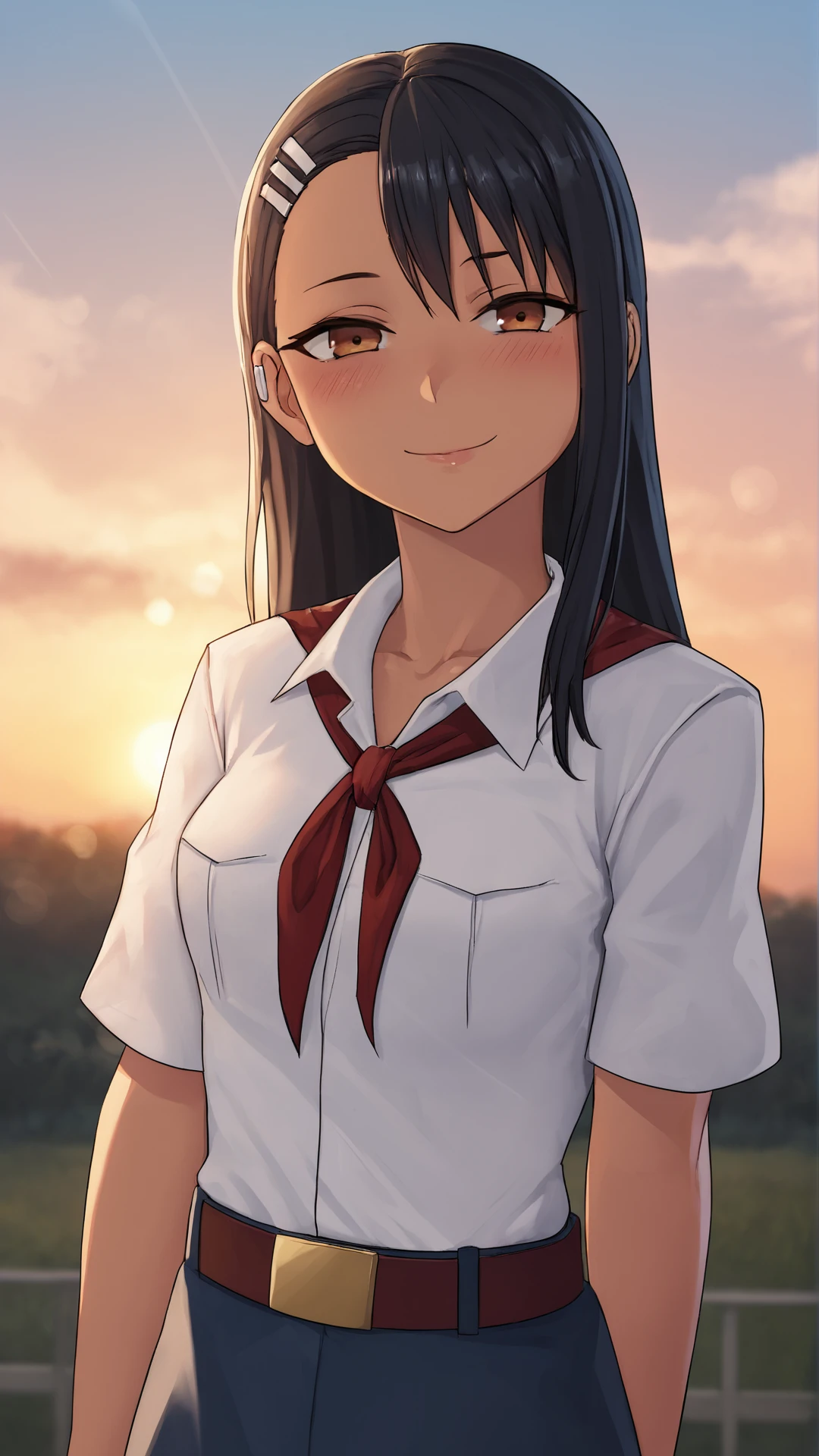 score_9, score_8_up, score_7_up,
best quality, masterpiece, ultra detailed,
looking at the viewer, looking at the camera,
portrait,
light smile, blush,
source_anime, Nagatoro Hayase, 
black eyeliner cat eye,
pink lips,
white collared shirt, short sleeves, red neckerchief, neckerchief, belt, blue skirt,
sunset, warm light, cozy, sky, clouds, 
amazing background, outdoors,
bokeh, blurry, blurry background, 
 <lora:Everlasting_Summer_Vanilla_Art_Style_by_GraffMetal:1>,