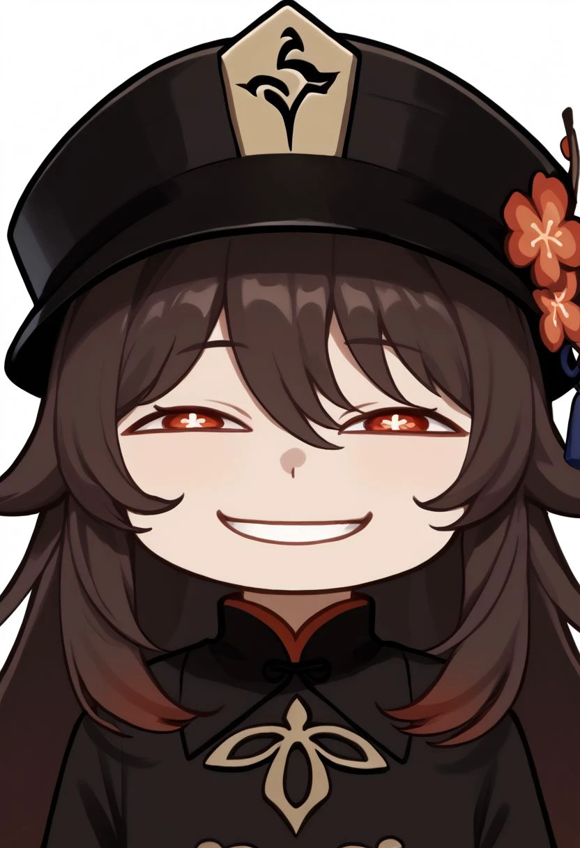 HuTao_DskFll, IncrsAnyasHehFaceMeme, 1girl, solo, long hair, looking at viewer, smile, simple background, brown hair, red eyes, long sleeves, hat, white background, hair between eyes, upper body, flower, one eye closed, tongue, tongue out, symbol-shaped pupils, black headwear, red flower, cropped torso, hat flower, flower-shaped pupils,  plum blossoms, grin, hu tao (genshin impact), twitch emote, chibi, outline, sticker, BREAK PonyXLV6_Scores