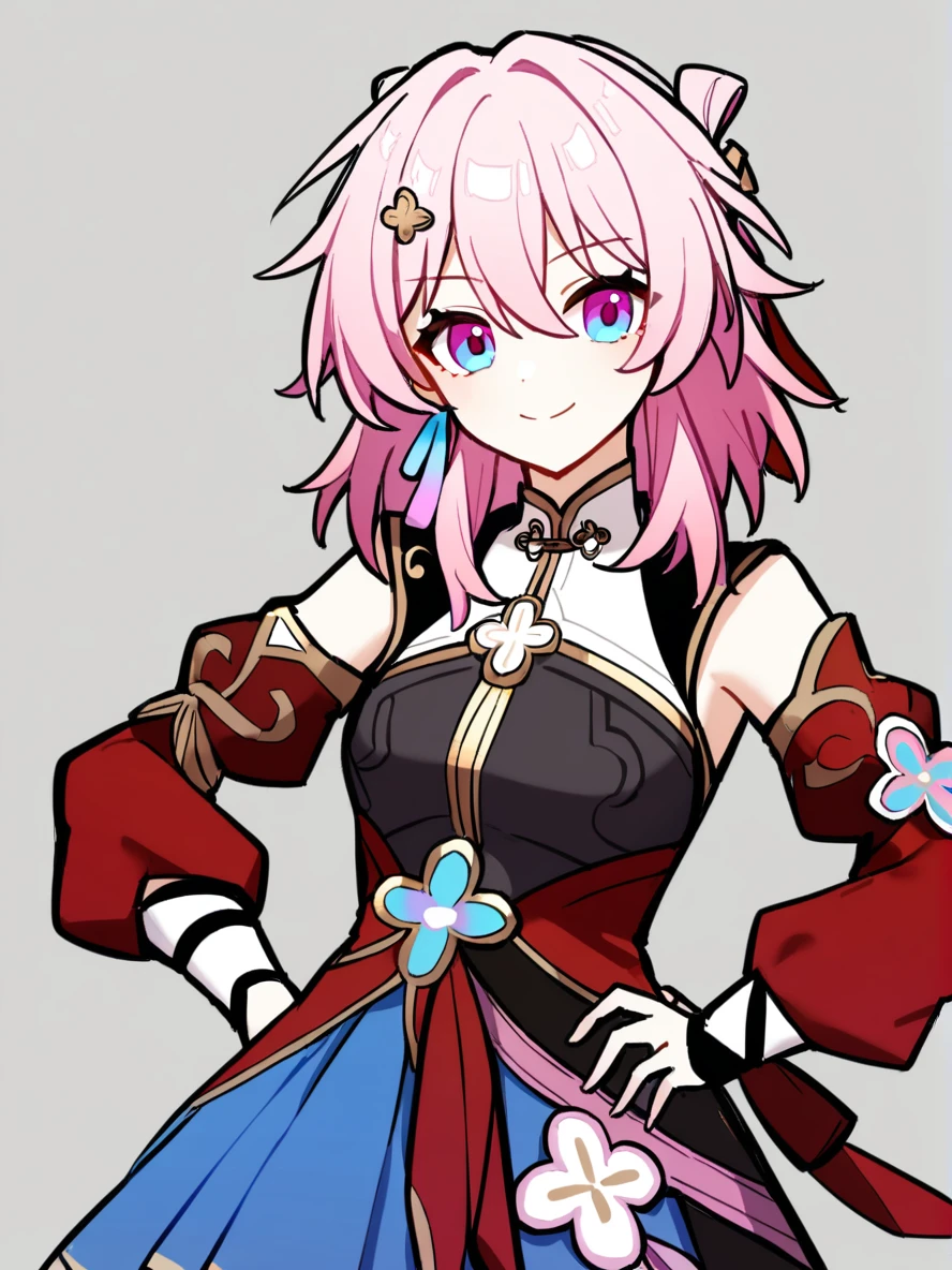 1girl, 
march 7th \(hunt\) \(honkai: star rail\), solo, red sleeves, medium hair, detached sleeves, purple eyes, earrings, hand on own hip, closed mouth, single earring, simple background, white background, smile, blue skirt, pink hair, skirt, jewelry, 
  safe
 <lora:mki-ani31-march_7th_hunt-v4:1>