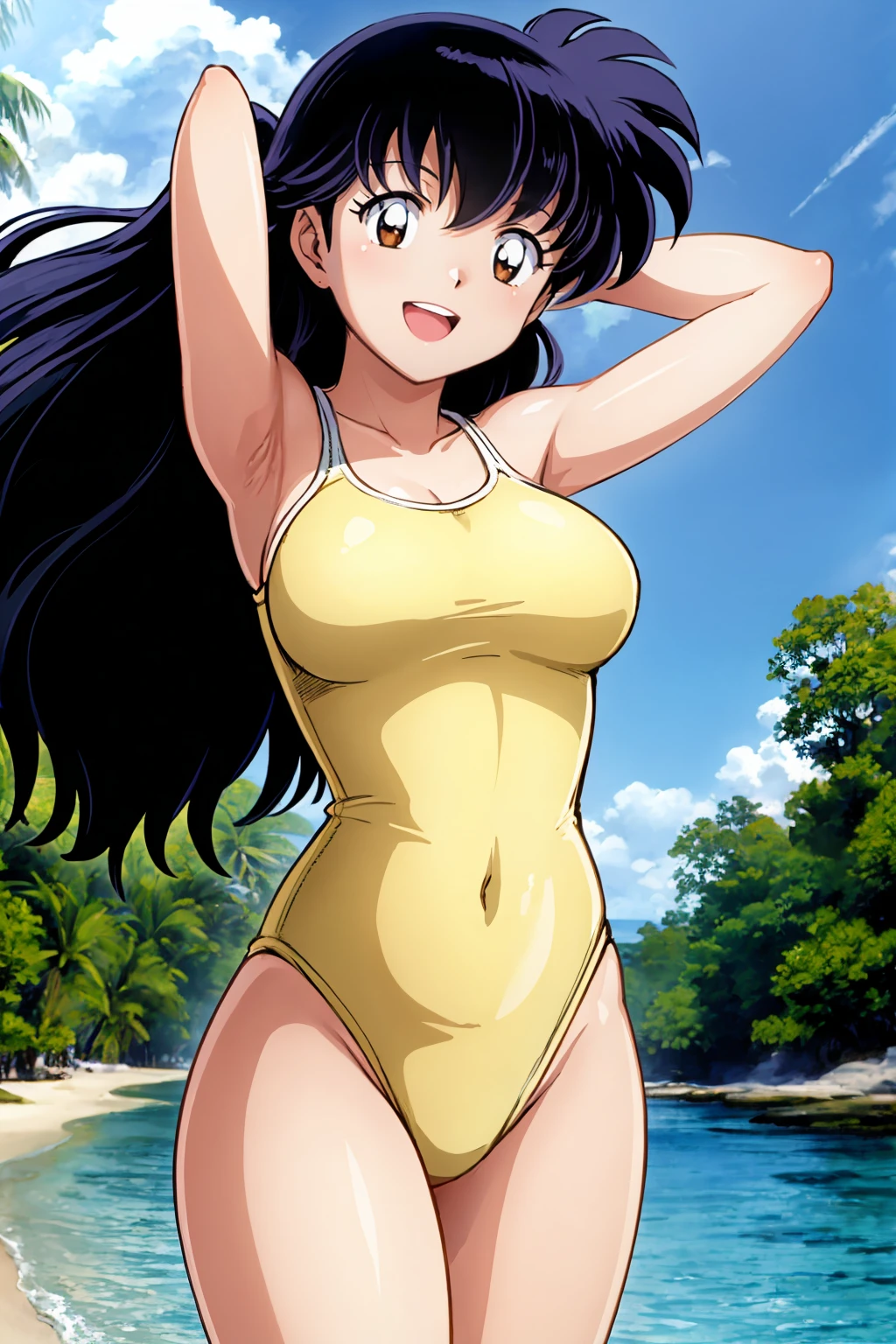 masterpiece, best quality,
1girl, kagomehigurashi, bangs, black hair,  long hair, brown eyes,
school swimsuit, hands behind head, one-piece swimsuit,
open mouth, smile, happy, solo, looking at viewer, sea, sand, blue sky, tropical island background   <lora:KagomeHigurashi:1>