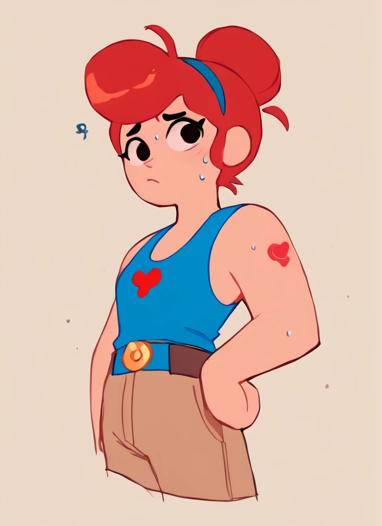 score_9, score_8_up, score_7_up, <lora:bspam:1>bspam , 1 girl , hairband , jewelry,  red hair  ,heart tattoo in arm  ,blue tank top,  belt , brown pants,confused, hair bun,  pompadour  , looking at viewer, sweating, <lora:SyrupyyyArt:1>